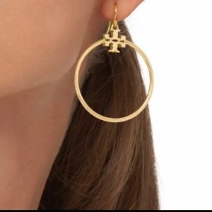 New Gold Tory Burch T Stacked-t Logo Hoop Earrings